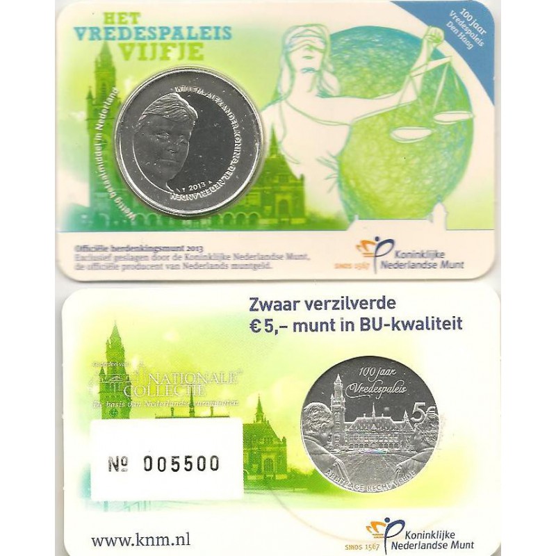 Nederland 2013 5 euro Vredespaleis BU in coincard VARIANT